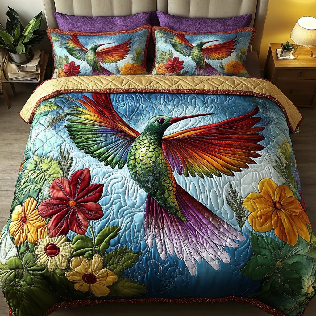 Whimsical Wings quilted 3-piece bedding set on a made bed with two matching pillow shams
