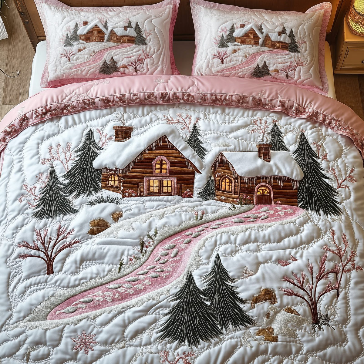 Whimsical Winter quilted 3-piece bedding set on a made bed in a winter-styled bedroom