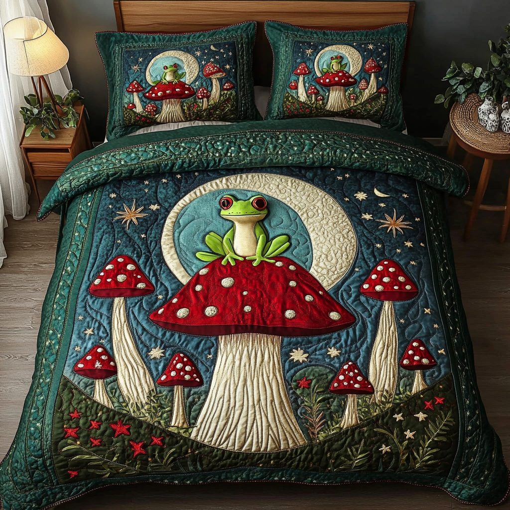 Whimsical Woodland quilted 3-piece bedding set on a made bed with two matching pillow shams