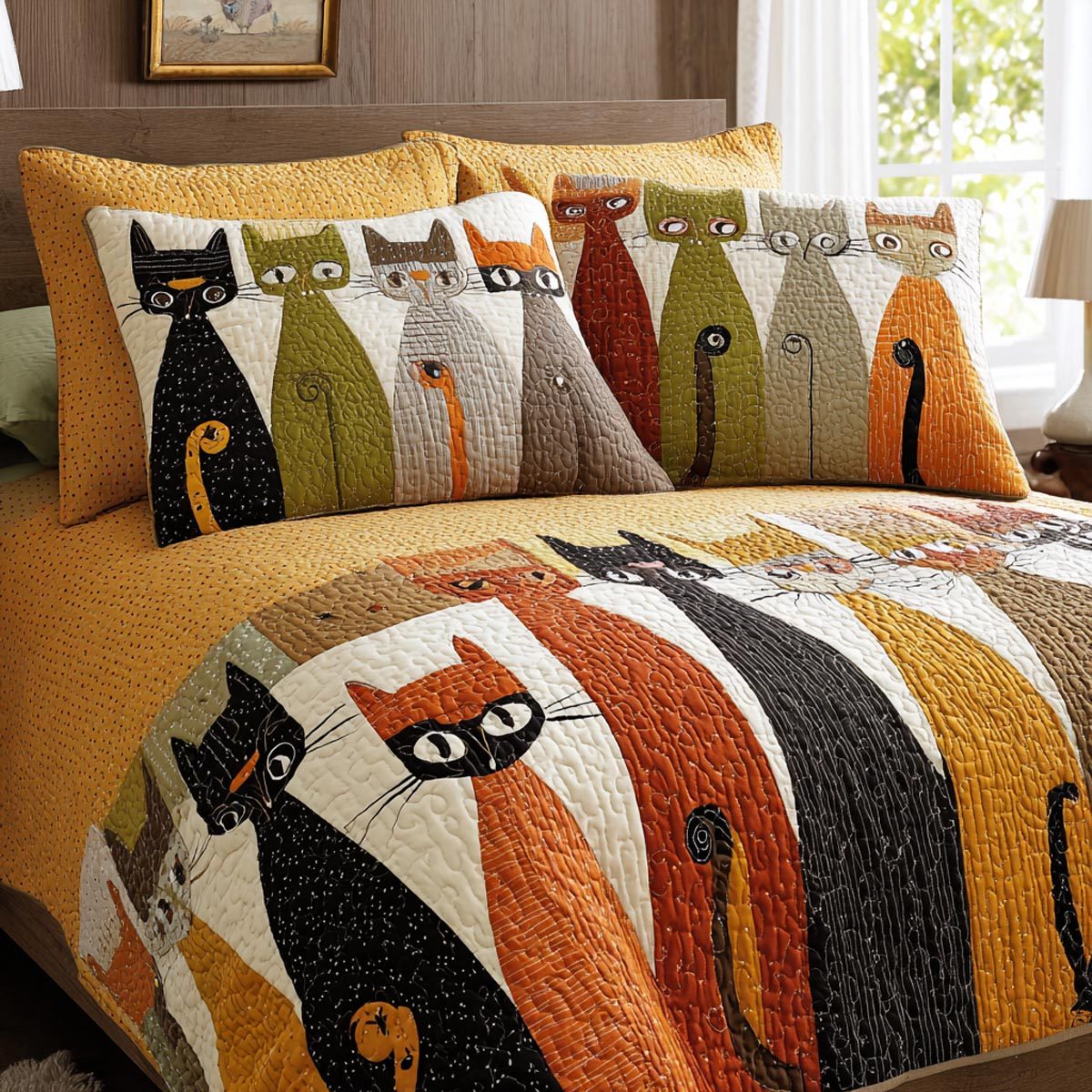Whimsy Cats quilted 3-piece bedding set on a made bed with two matching pillow shams