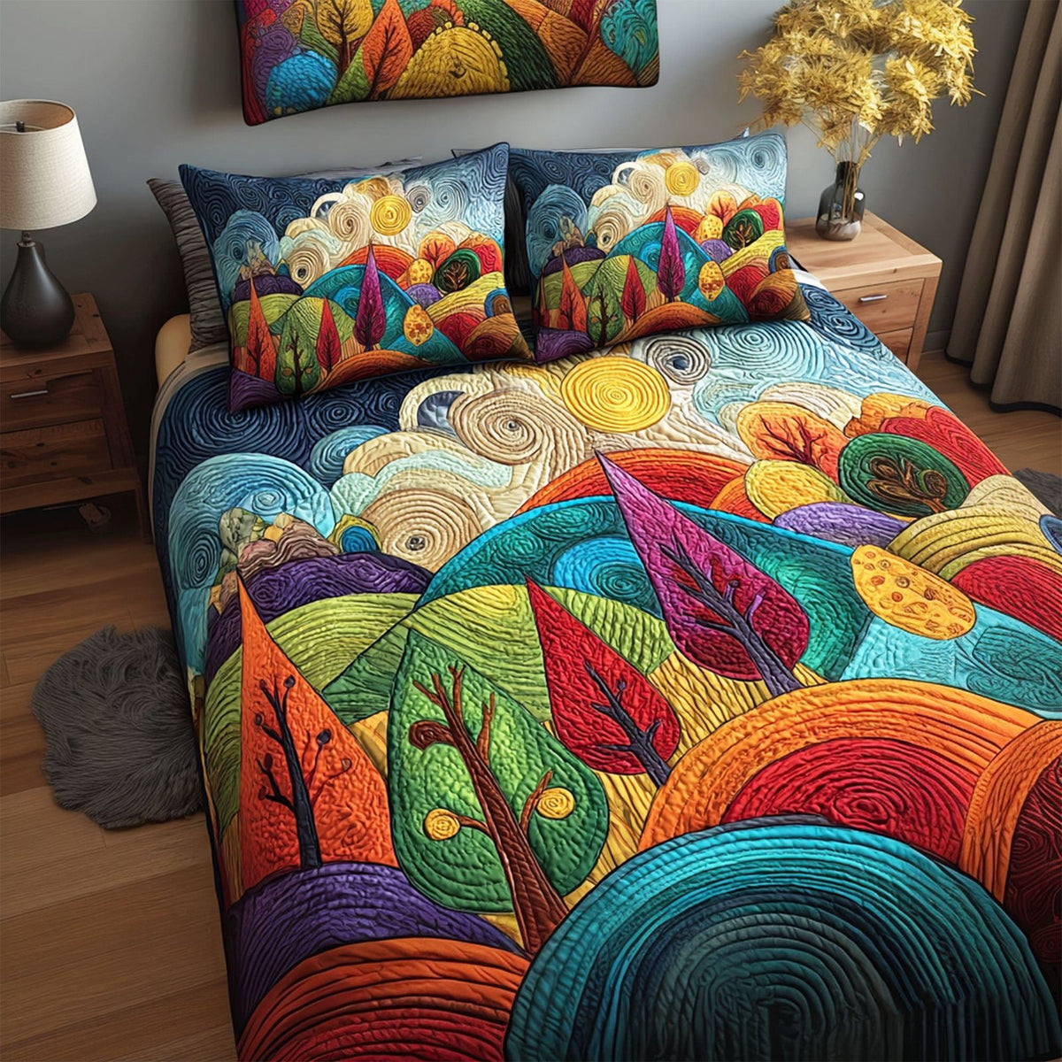 Whimsy Garden quilted 3-piece bedding set on a made bed with two matching pillow shams