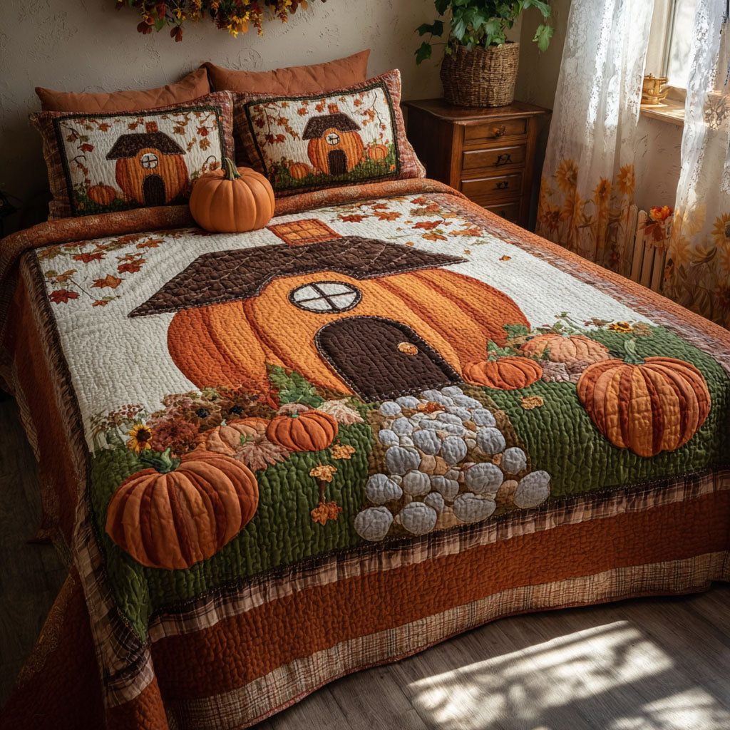 Whimsy Gourd Haven quilted 3-piece bedding set on a made bed with two matching pillow shams