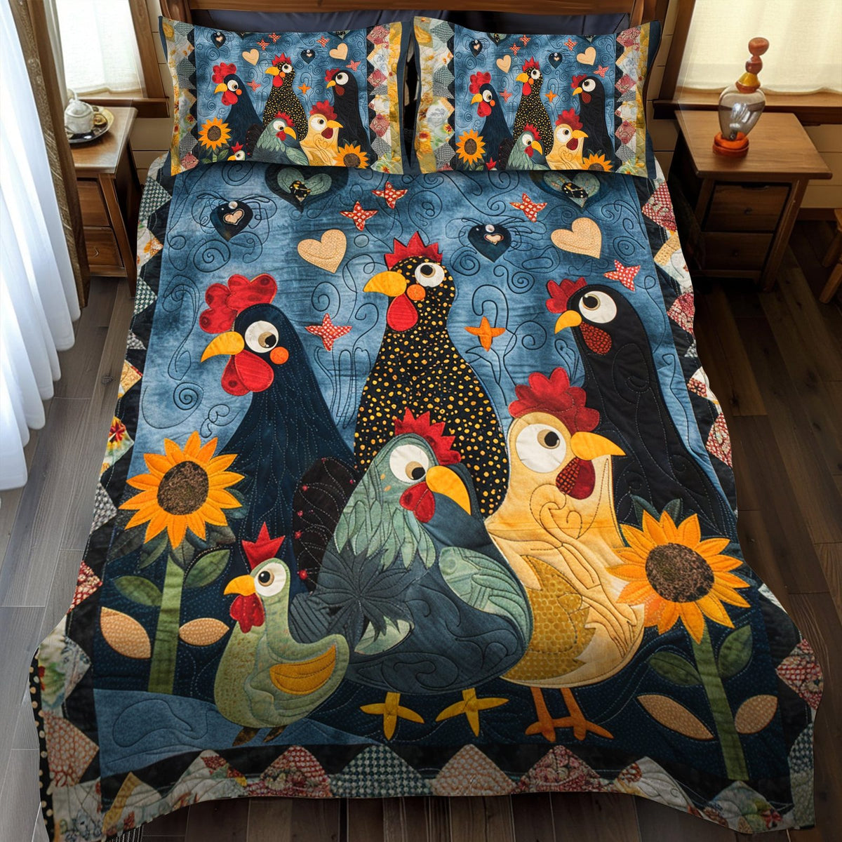 Whimsy Night Farm quilted 3-piece bedding set on a made bed with two matching pillow shams