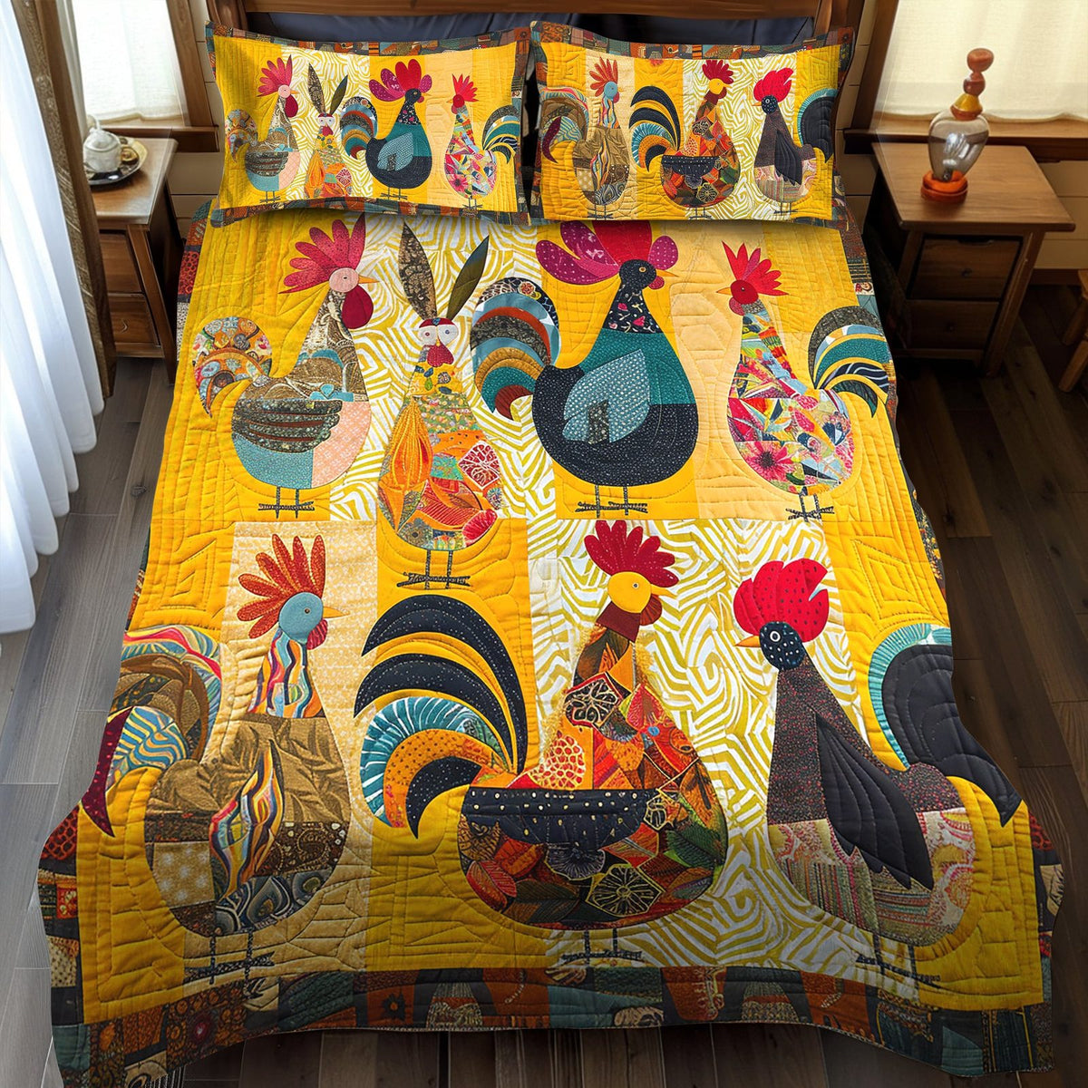 Whimsy Rooster quilted 3-piece bedding set on a made bed with two matching pillow shams