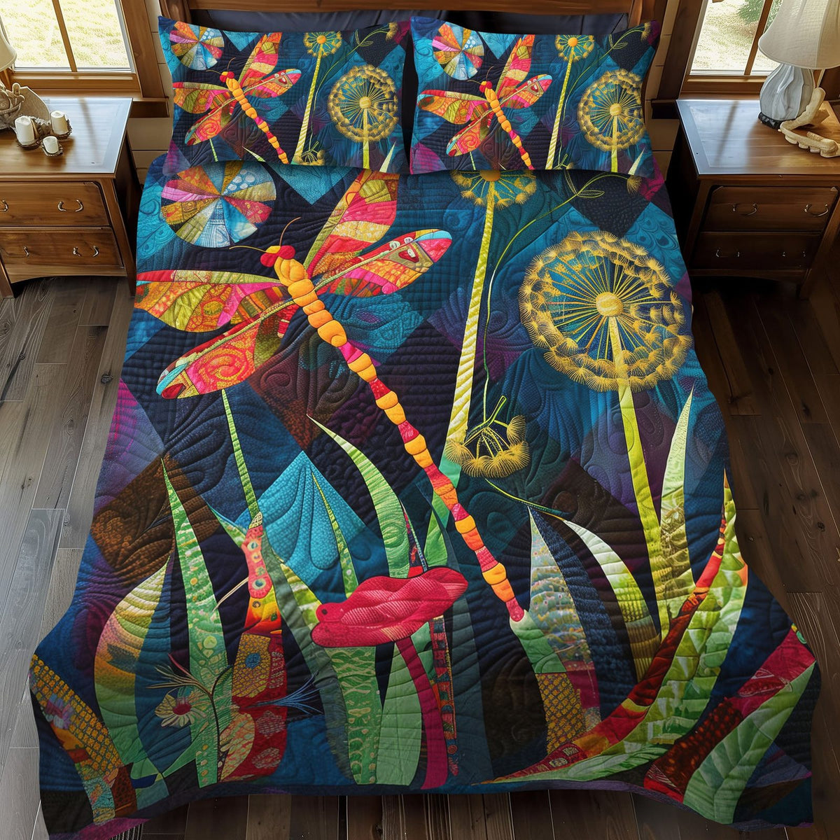 Whimsy Wings quilted 3-piece bedding set on a made bed with two matching pillow shams