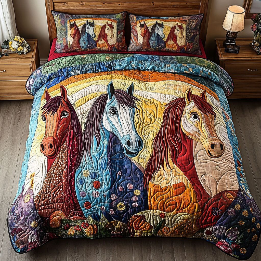 Whinny Wonders quilted 3-piece bedding set on a made bed with two matching pillow shams