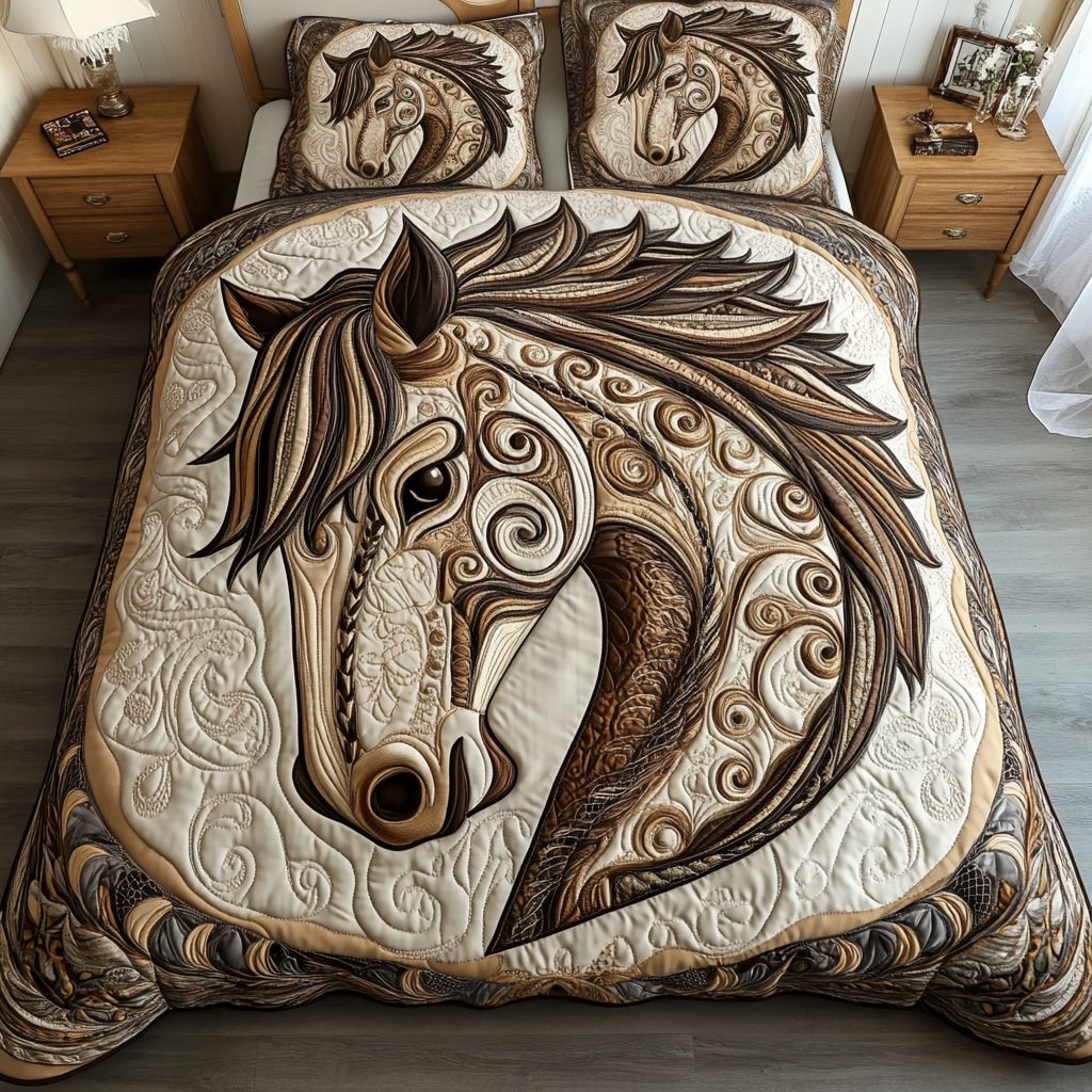 Whirling Horse quilted 3-piece bedding set on a made bed in a rustic timber bedroom
