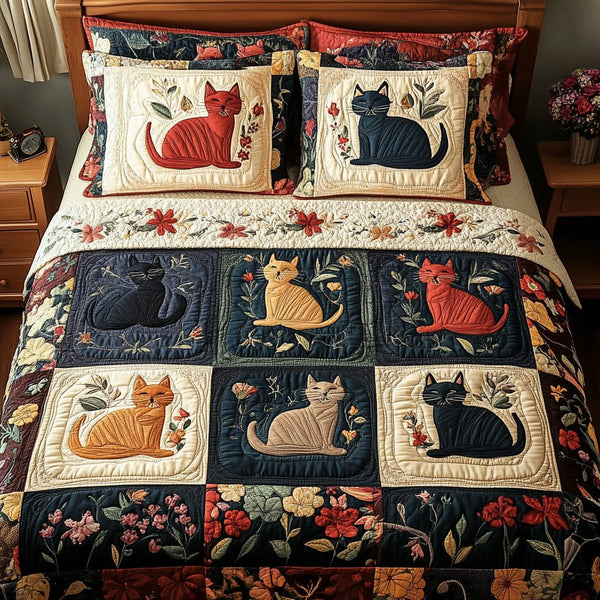 Whisker Dreams quilted 3-piece bedding set on a made bed with two matching pillow shams