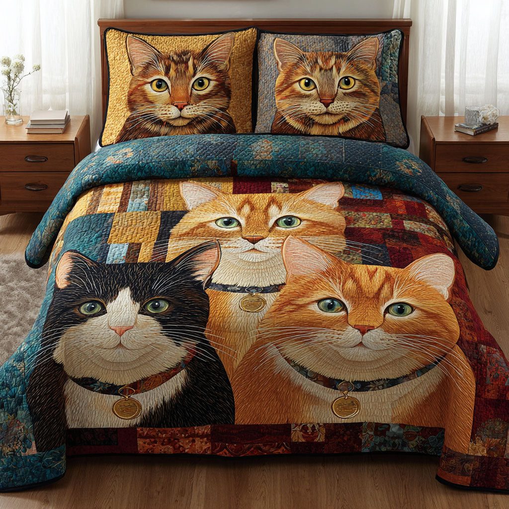 Whisker Friends quilted 3-piece bedding set on a made bed with two matching pillow shams