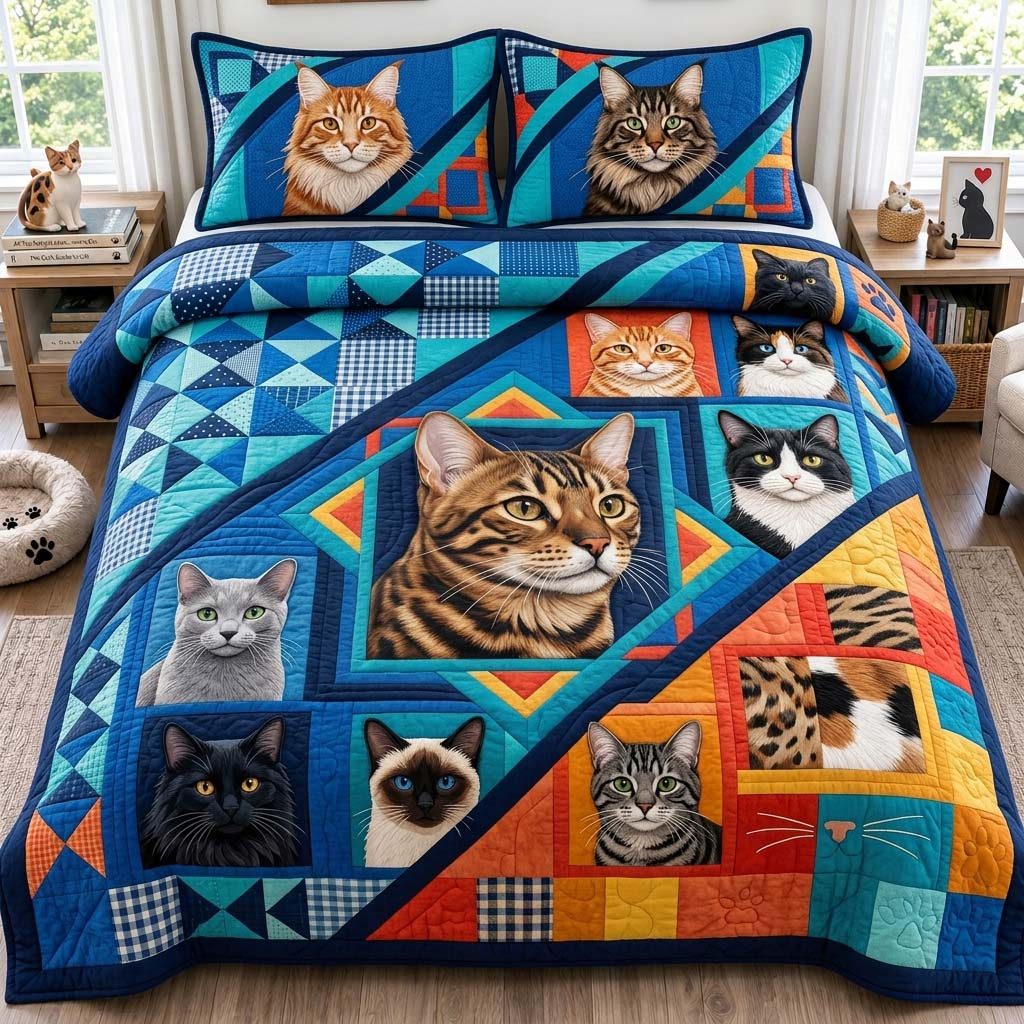 Whisker Gallery quilted 3-piece bedding set on a made bed with two matching pillow shams
