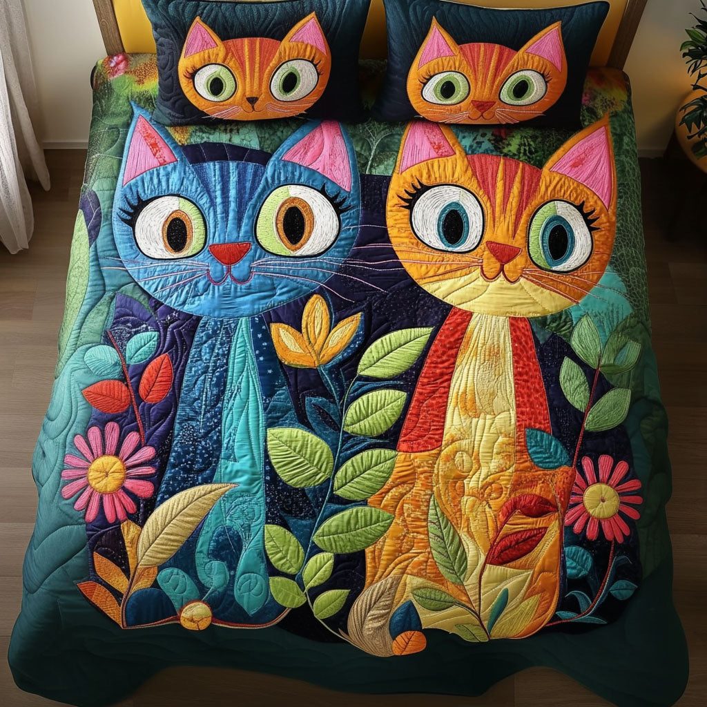 Whisker Garden quilted 3-piece bedding set on a made bed with two matching pillow shams