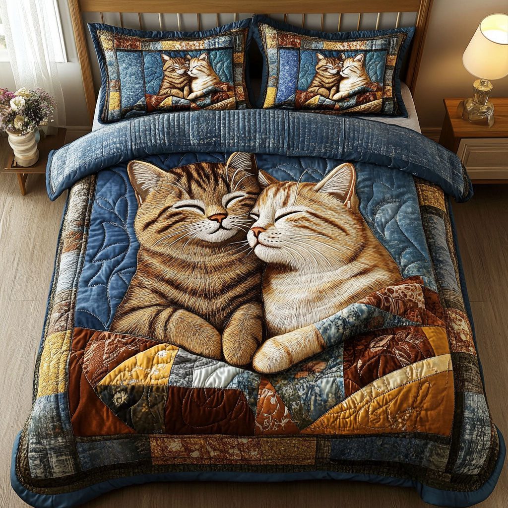 Whisker Love quilted 3-piece bedding set on a made bed with two matching pillow shams