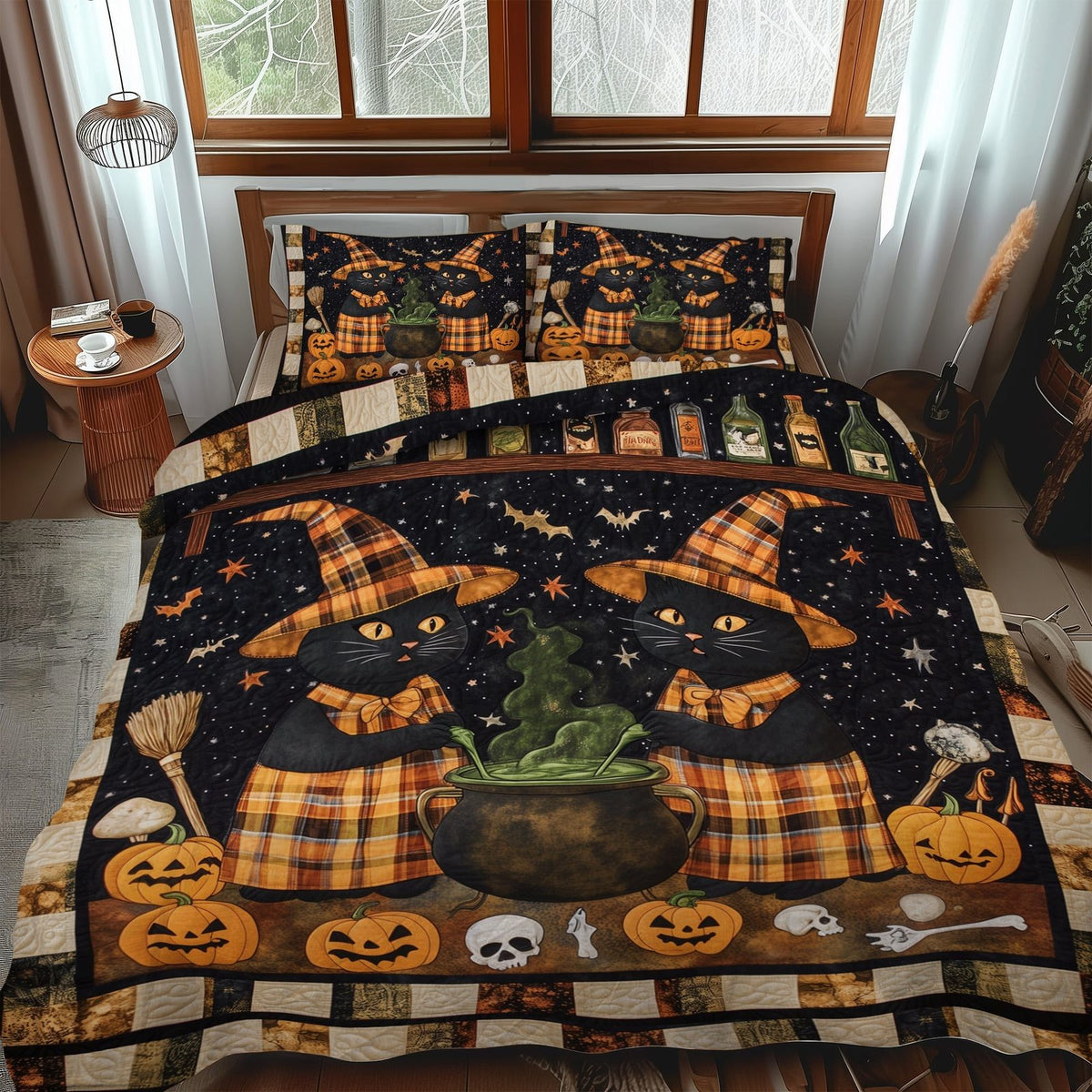 Whisker Magic quilted 3-piece bedding set on a made bed with two matching pillow shams