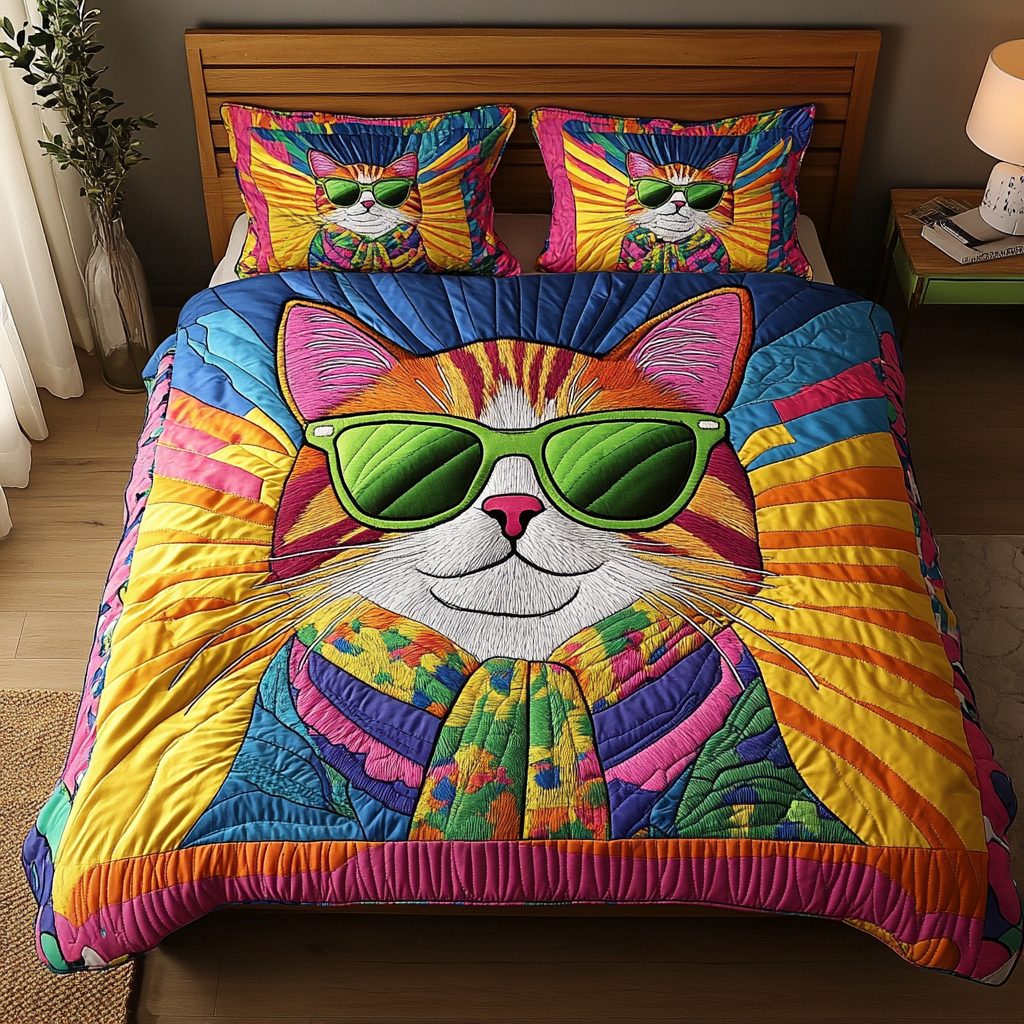 Whisker Wonder quilted 3-piece bedding set on a made bed with two matching pillow shams