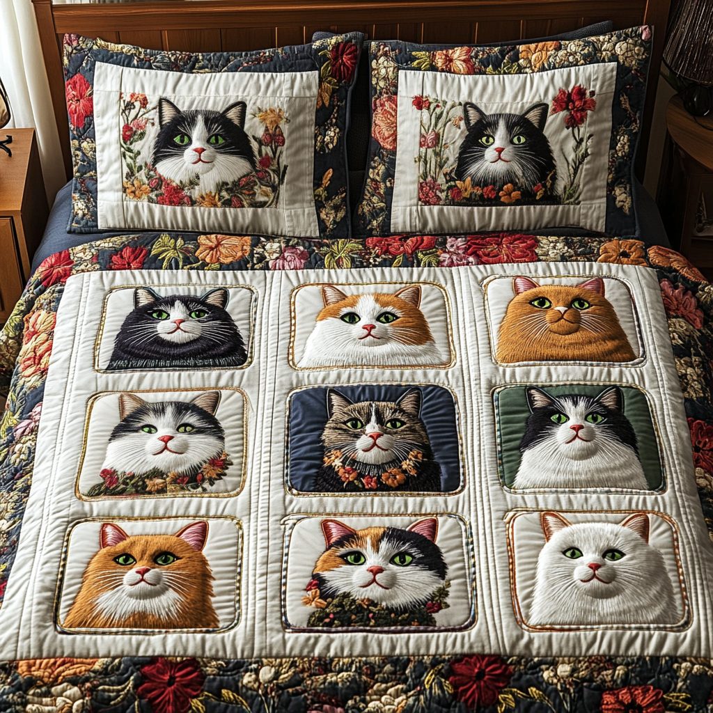 Whisker Wonderland quilted 3-piece bedding set on a made bed with two matching pillow shams