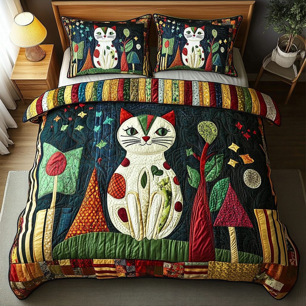 Whisker Wonders quilted 3-piece bedding set on a made bed with two matching pillow shams