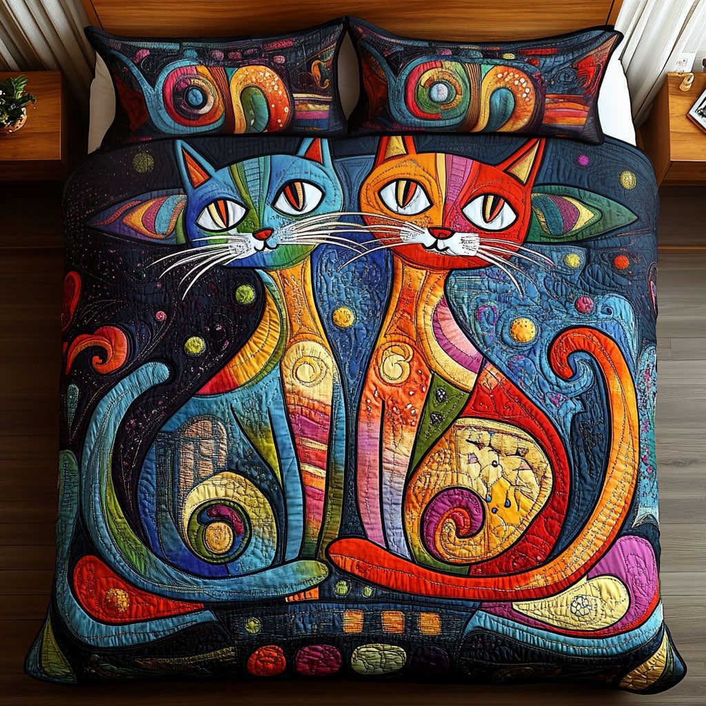 Whiskered Love quilted 3-piece bedding set on a made bed with two matching pillow shams