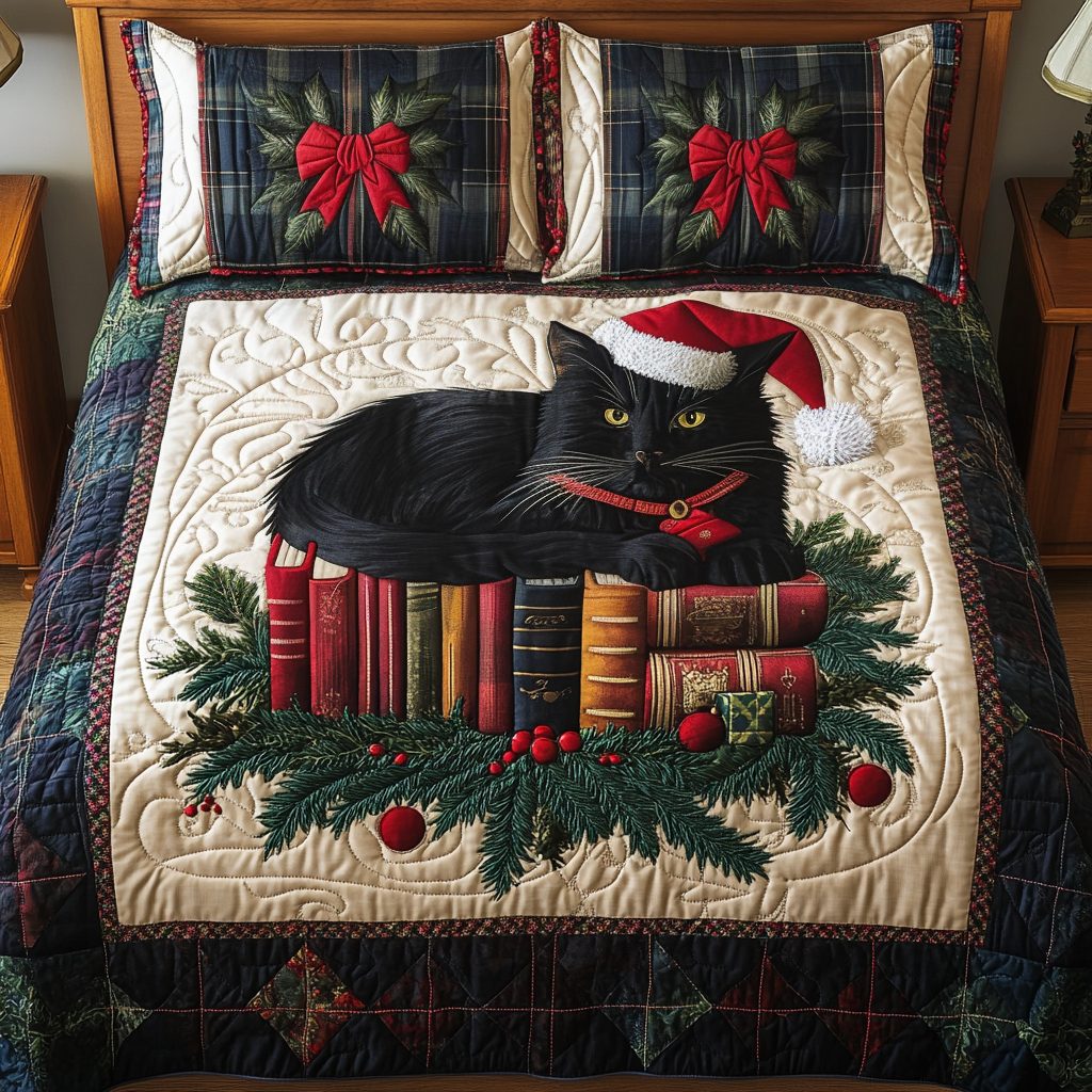 Whiskered Winter Reads quilted 3-piece bedding set on a made bed in a winter-styled bedroom