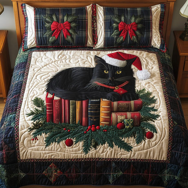 Whiskered Winter Reads quilted 3-piece bedding set on a made bed in a winter-styled bedroom
