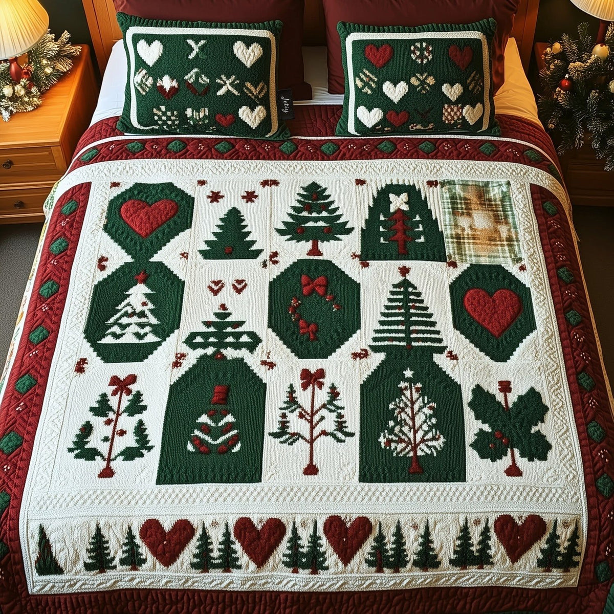 Whiskered Winterland quilted 3-piece bedding set on a made bed in a winter-styled bedroom