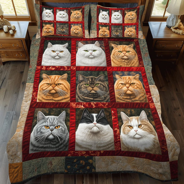 Whiskers and Warmth quilted 3-piece bedding set on a made bed with two matching pillow shams