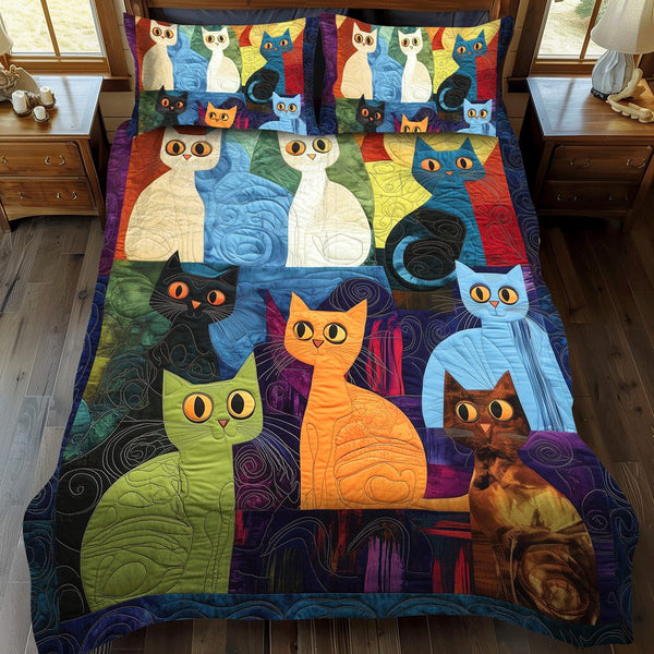 Whiskers and Words quilted 3-piece bedding set on a made bed with two matching pillow shams