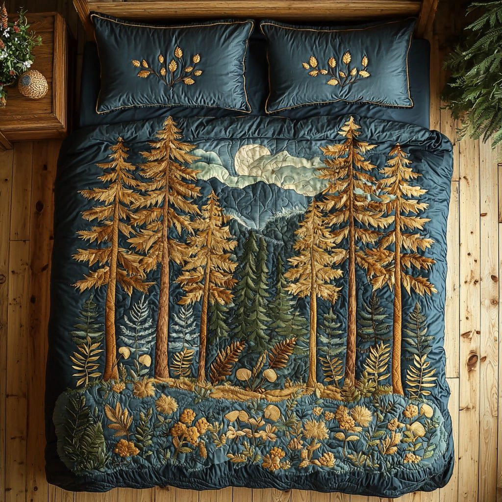 Whisper Pines quilted 3-piece bedding set on a made bed with two matching pillow shams