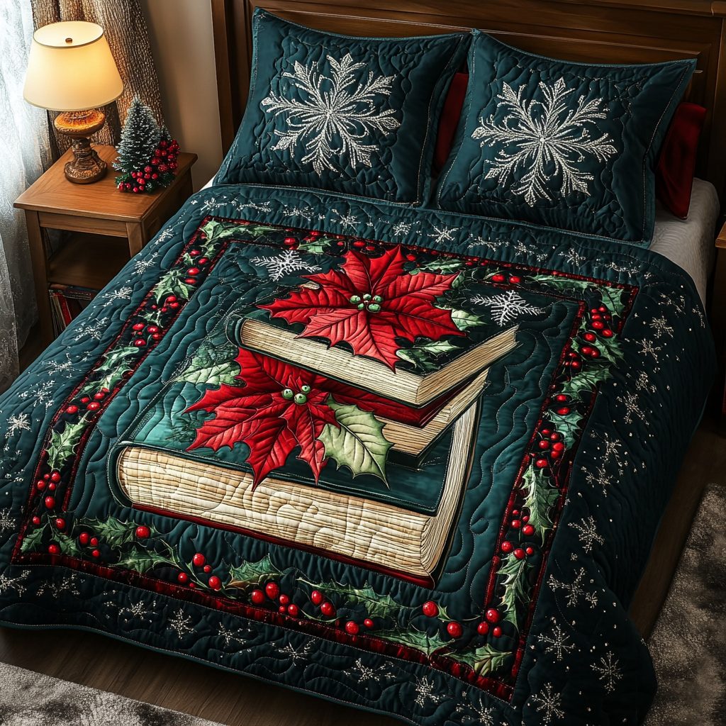 Whispered Words quilted 3-piece bedding set on a made bed with two matching pillow shams