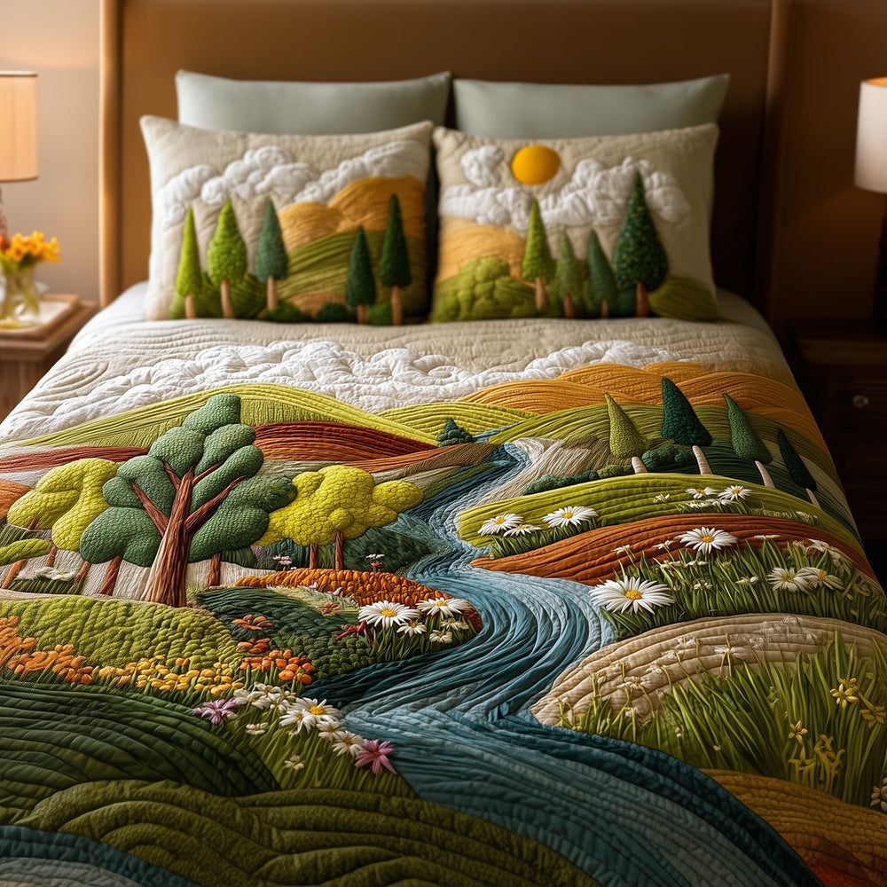 Whispering Birch quilted 3-piece bedding set on a made bed with two matching pillow shams
