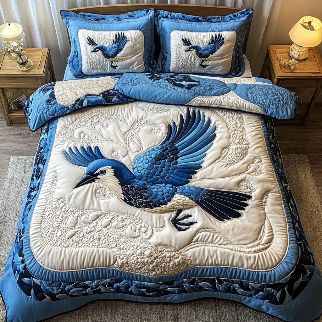 Whispering Bluejay quilted 3-piece bedding set on a made bed with two matching pillow shams