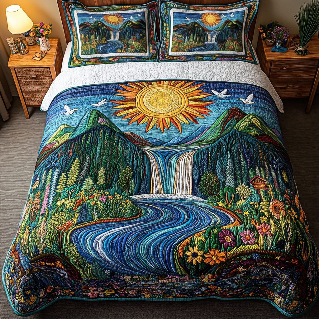 Whispering Falls quilted 3-piece bedding set on a made bed with two matching pillow shams