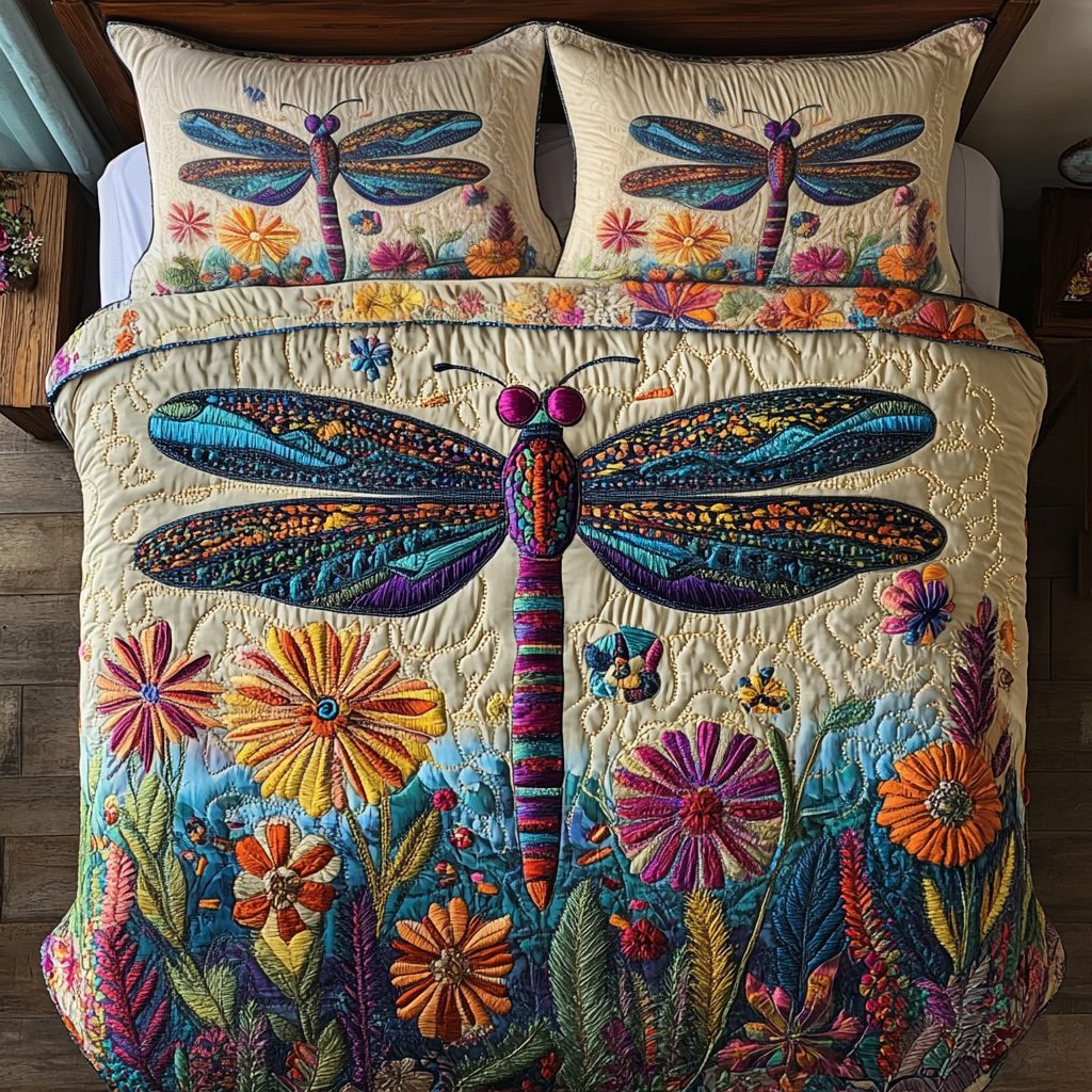 Whispering Flight quilted 3-piece bedding set on a made bed with two matching pillow shams