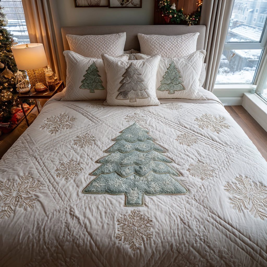 Whispering Pines quilted 3-piece bedding set on a made bed with two matching pillow shams