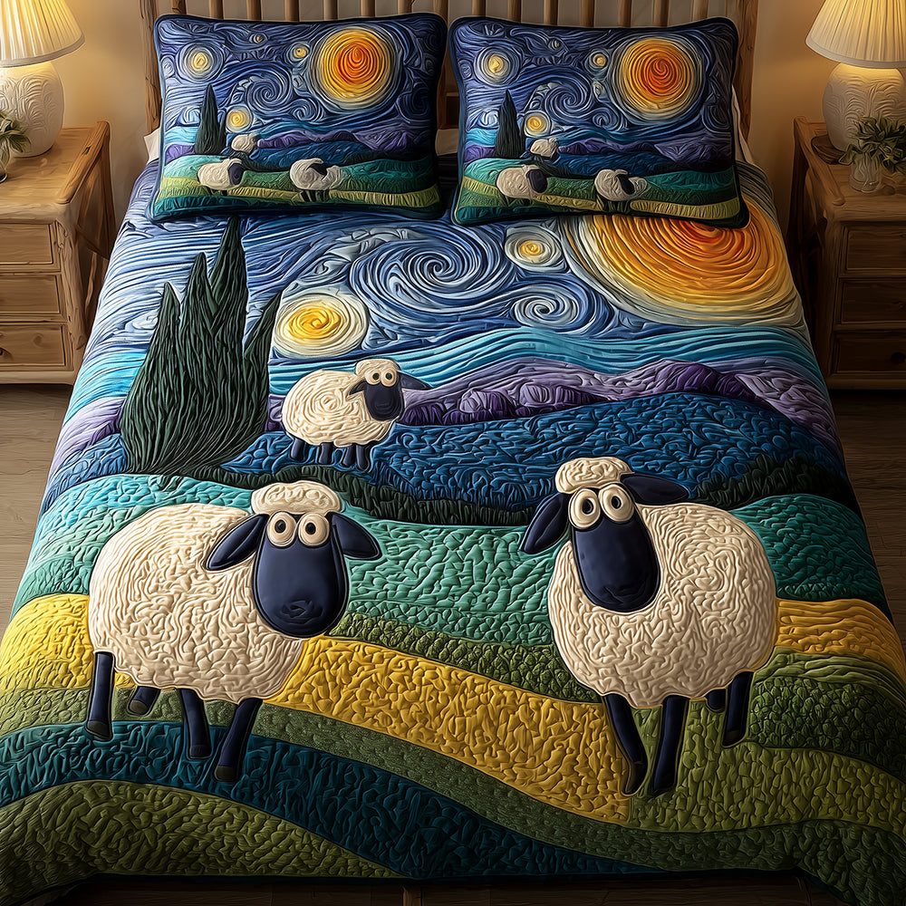 Whispering Sheep quilted 3-piece bedding set on a made bed with two matching pillow shams