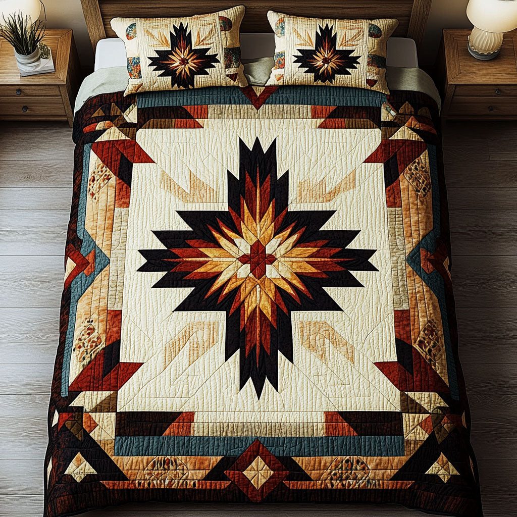 Whispering Winds quilted 3-piece bedding set on a made bed with two matching pillow shams