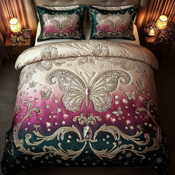 Whispering Wings quilted 3-piece bedding set on a made bed with two matching pillow shams