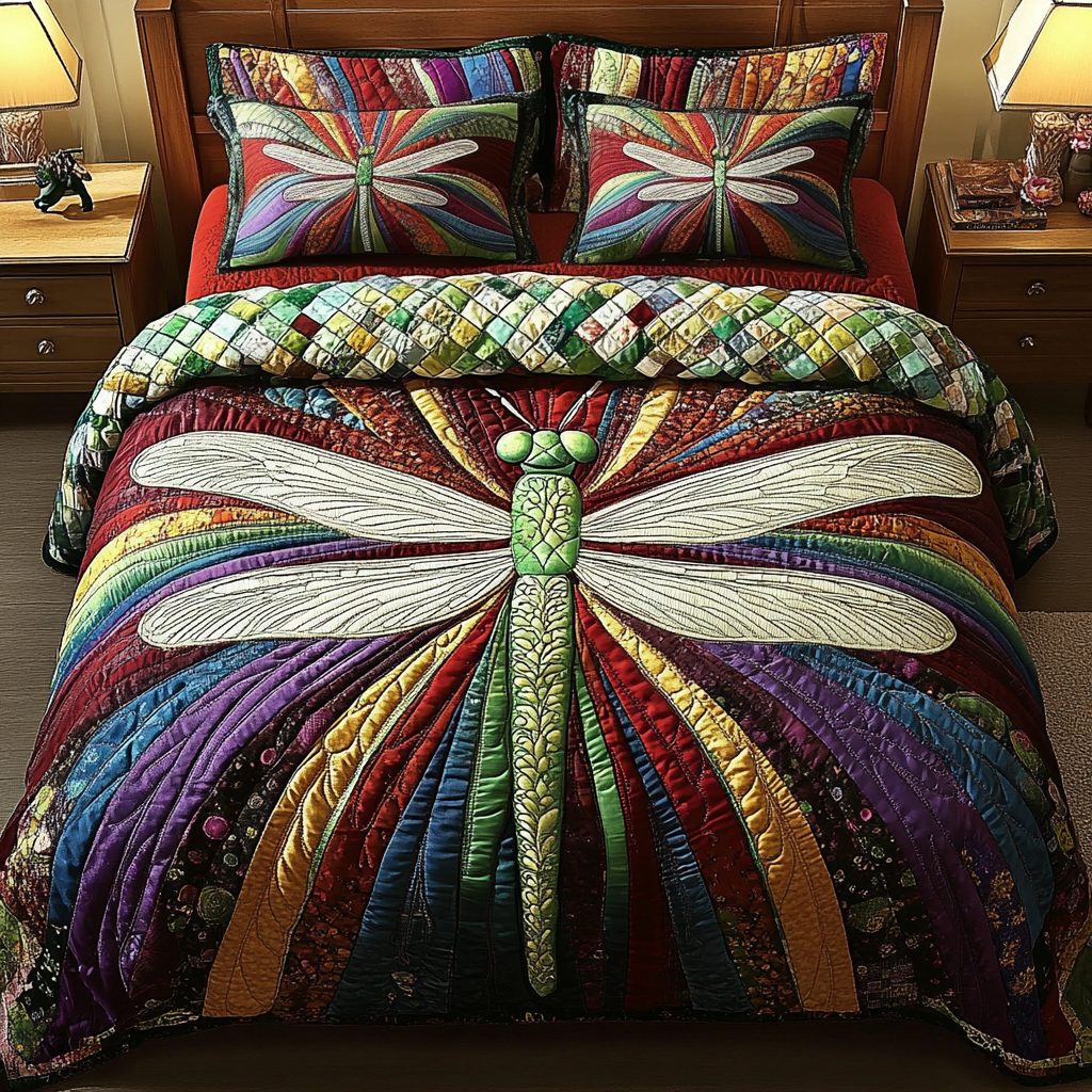 Whispering Wings quilted 3-piece bedding set on a made bed with two matching pillow shams