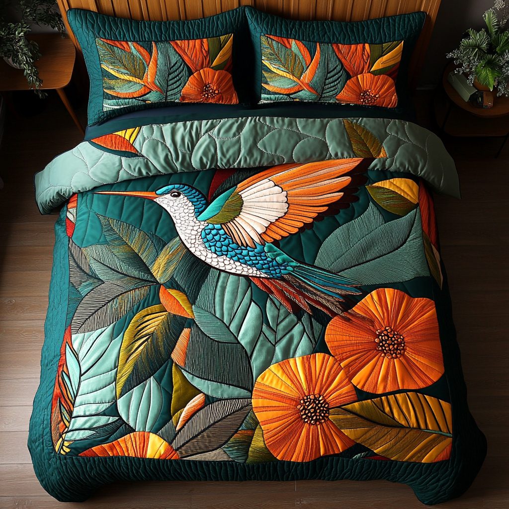 Whispering Wings quilted 3-piece bedding set on a made bed with two matching pillow shams