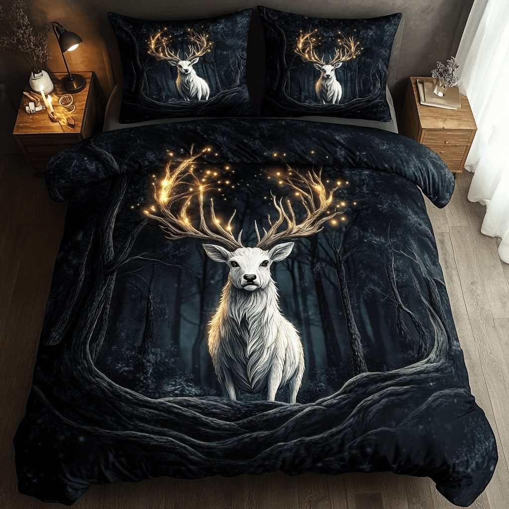 Whispering Woods quilted 3-piece bedding set on a made bed with two matching pillow shams