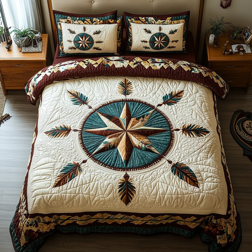 Whispers of the Earth quilted 3-piece bedding set on a made bed with two matching pillow shams
