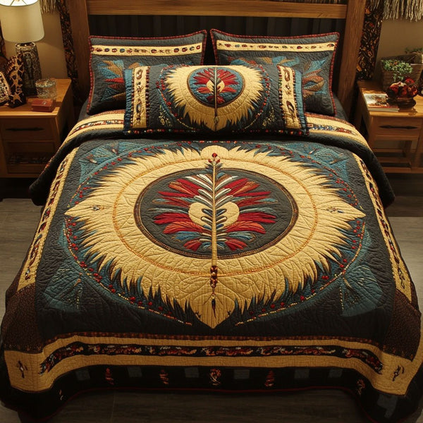 Whispers of the Sky quilted 3-piece bedding set on a made bed with two matching pillow shams