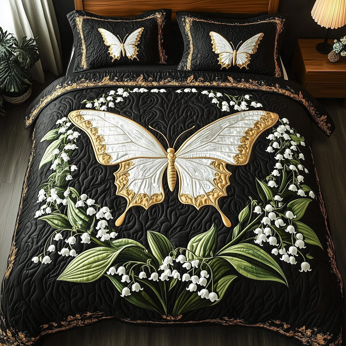 Whispers of the Valley quilted 3-piece bedding set on a made bed with two matching pillow shams