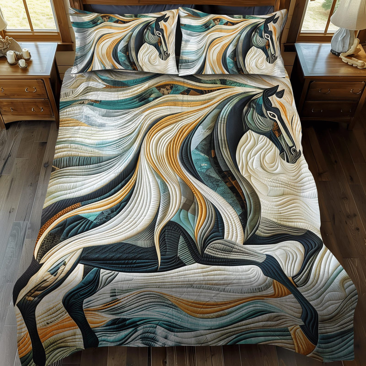 Whispers Of The Wild quilted 3-piece bedding set on a made bed with two matching pillow shams