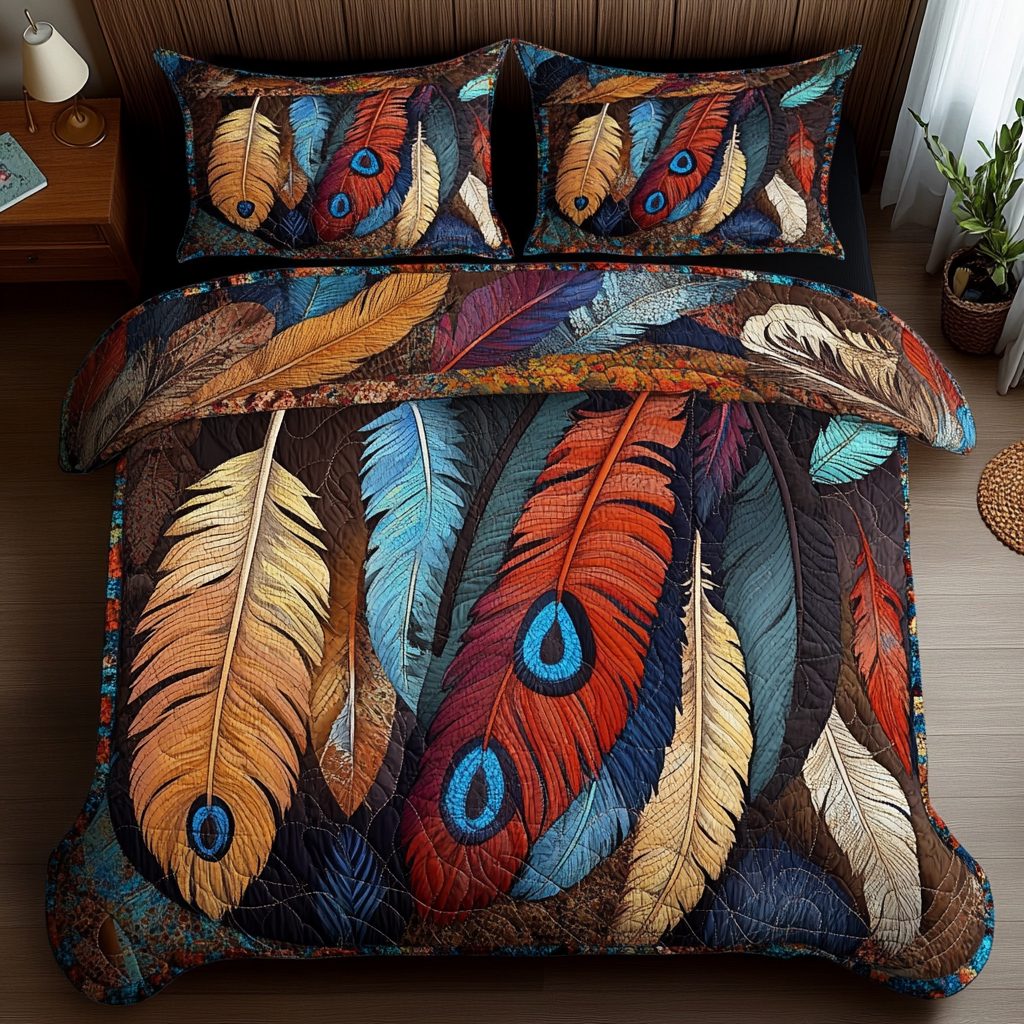 Whispers of the Wind quilted 3-piece bedding set on a made bed with two matching pillow shams