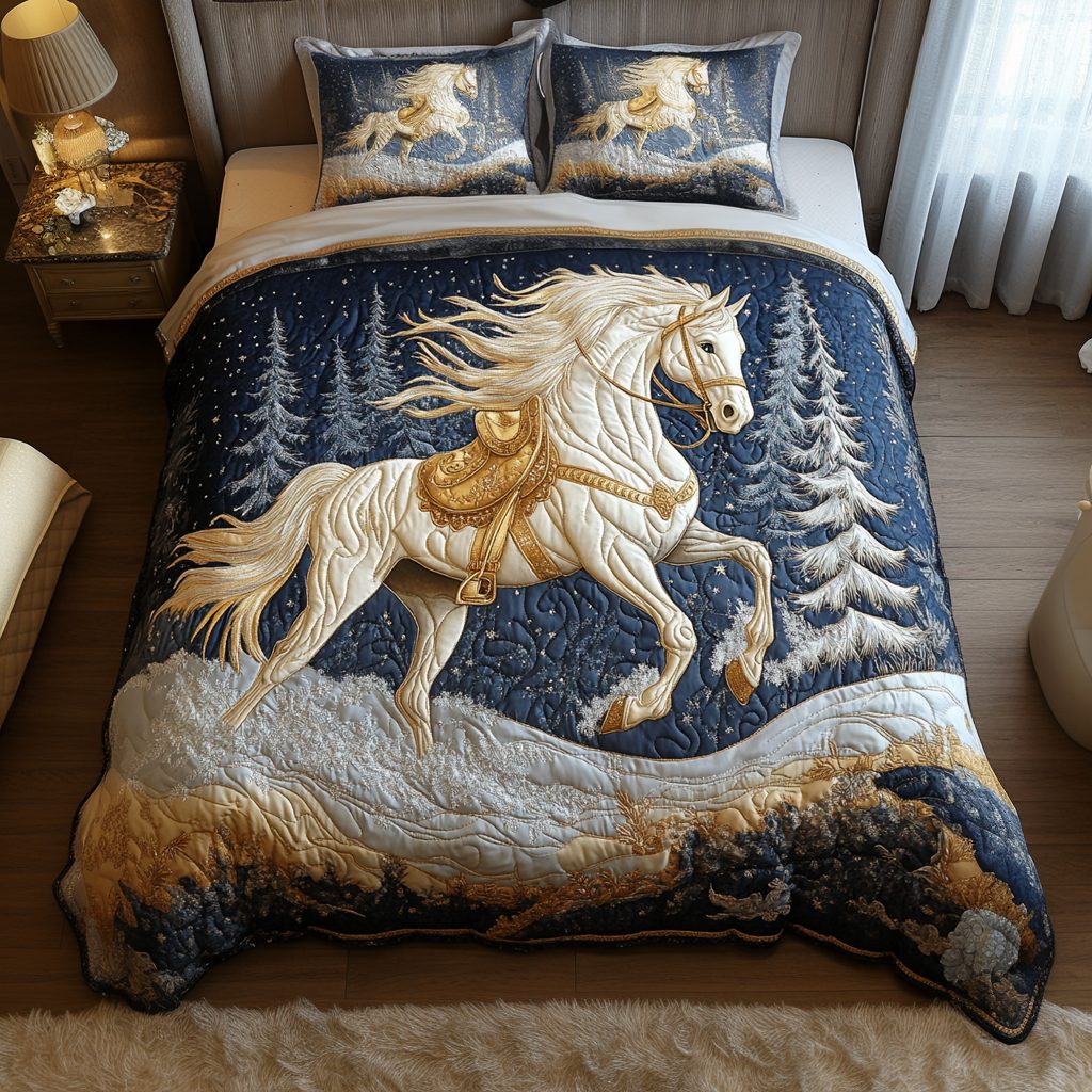 White Glory quilted 3-piece bedding set on a made bed with two matching pillow shams