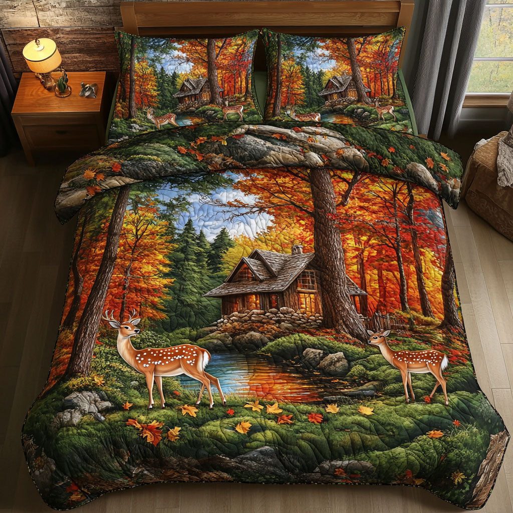 White tailed Deer Escape quilted 3-piece bedding set on a made bed with two matching pillow shams