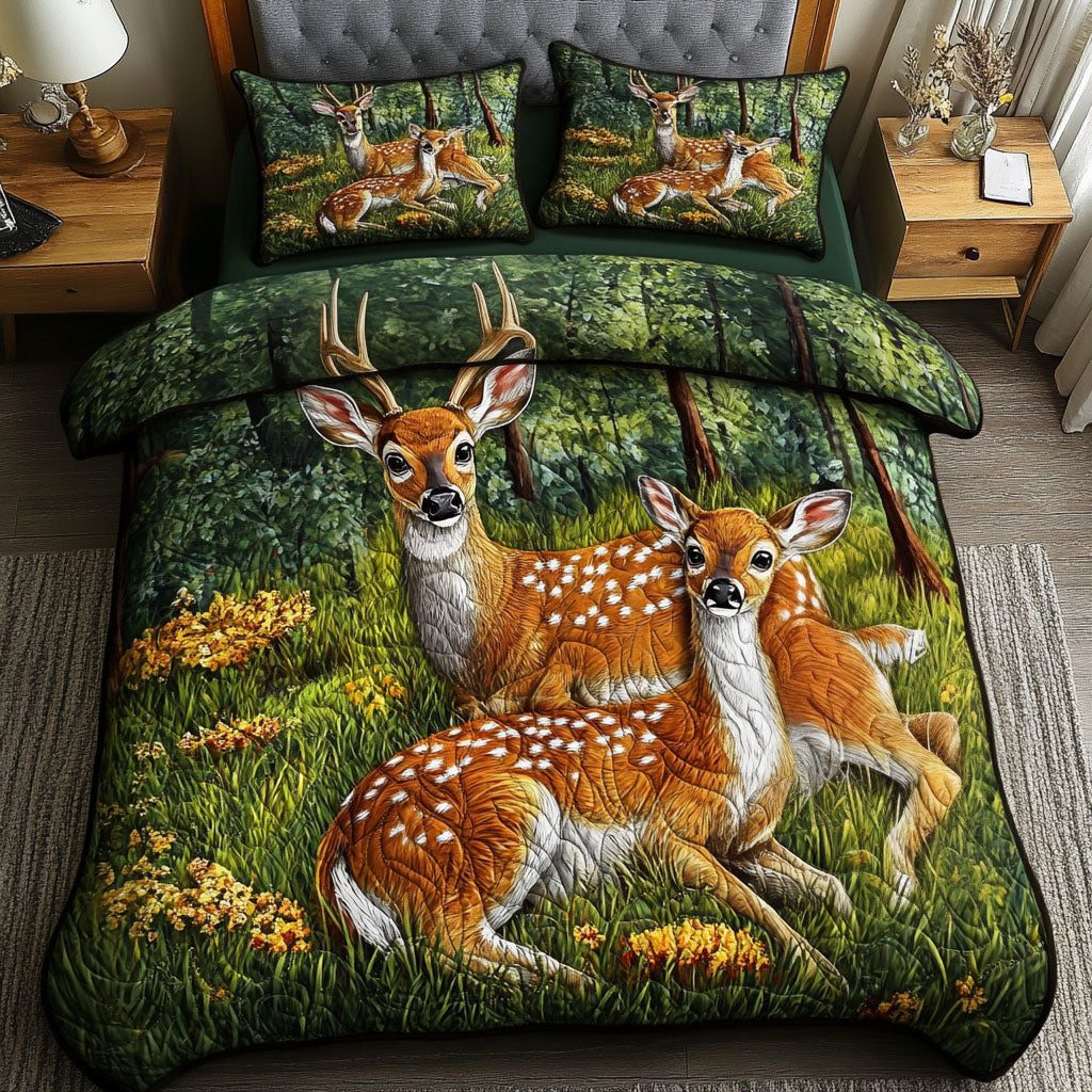 White tailed Deer Family quilted 3-piece bedding set on a made bed with two matching pillow shams