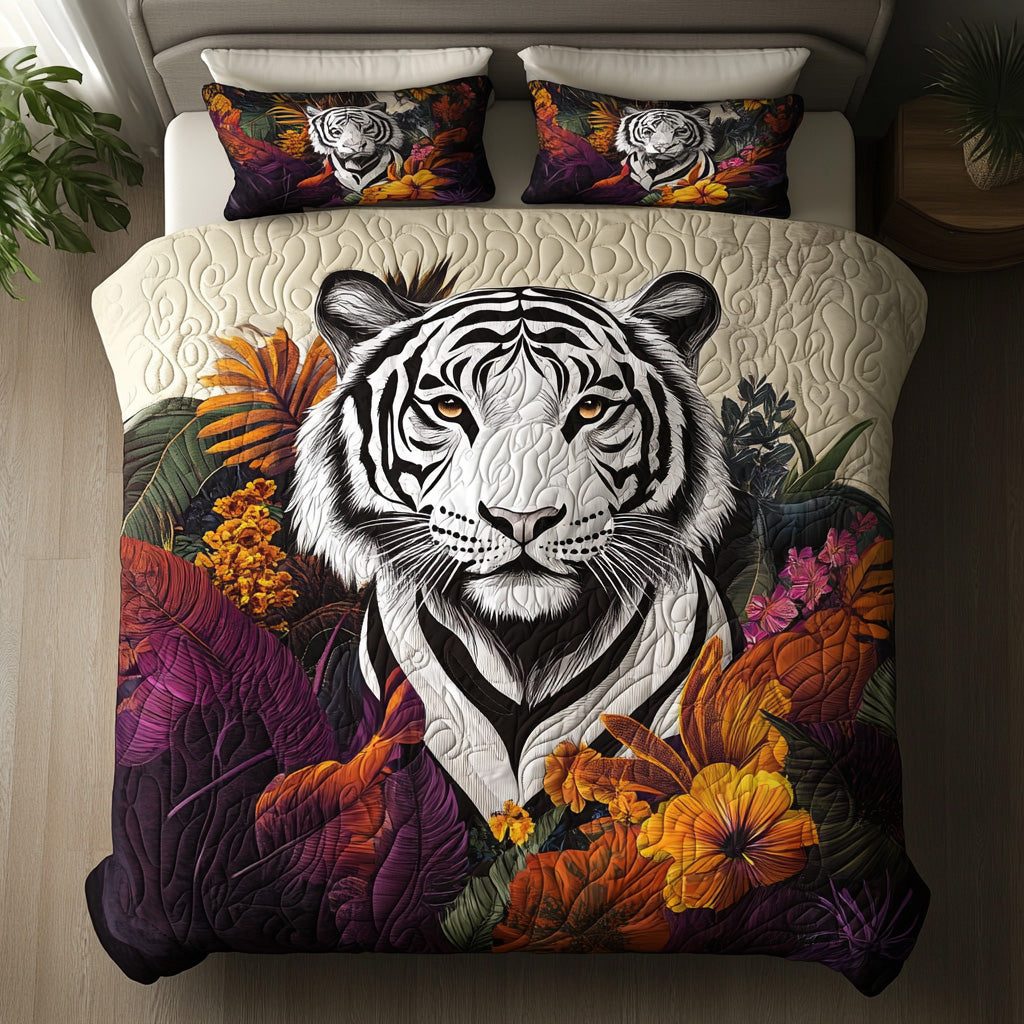 White Tiger Soul quilted 3-piece bedding set on a made bed with two matching pillow shams