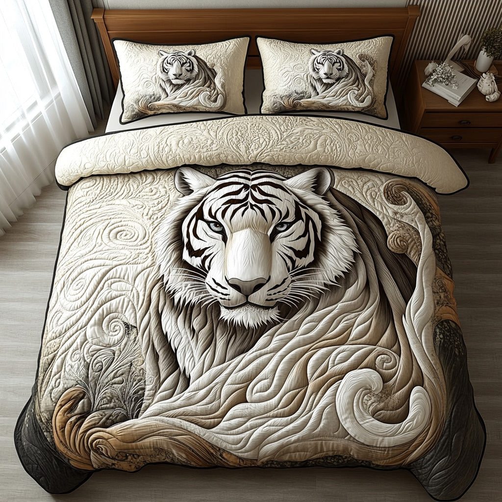 White Tiger Spirit quilted 3-piece bedding set on a made bed with two matching pillow shams