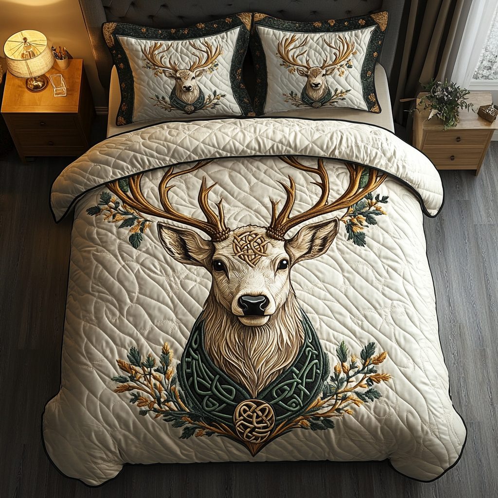 Whitetail Wonders quilted 3-piece bedding set on a made bed with two matching pillow shams